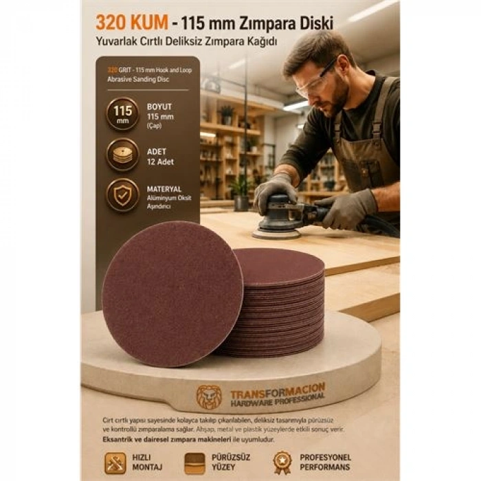 Nevamel® 12 ADET 320 KUM Yuvarlak Cırtlı Zımpara Diski 115 mm Deliksiz Zımpara Kağıdı 723220
