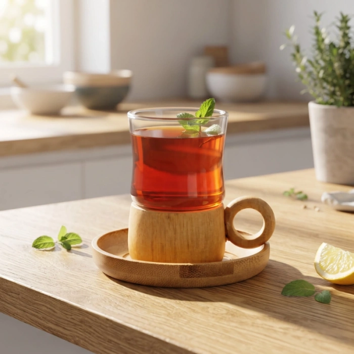 Nevamel® 12 Parça Çay Seti - Bambu Bardak Altığı - Çift Cidarlı Cam - 150 ml