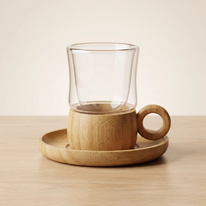 Nevamel® 12 Parça Çay Seti - Bambu Bardak Altığı - Çift Cidarlı Cam - 150 ml