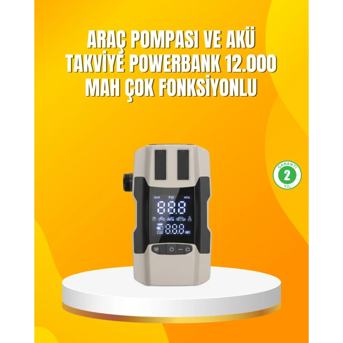 Nevamel® 12.000 mAh Akü Takviye Powerbank Dahili Hava Pompalı Dijital Ekranlı