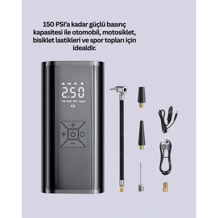 Nevamel® 12V Uyumlu Çok İşlevli Akıllı Araç Lastik Pompası Yeni Nesil