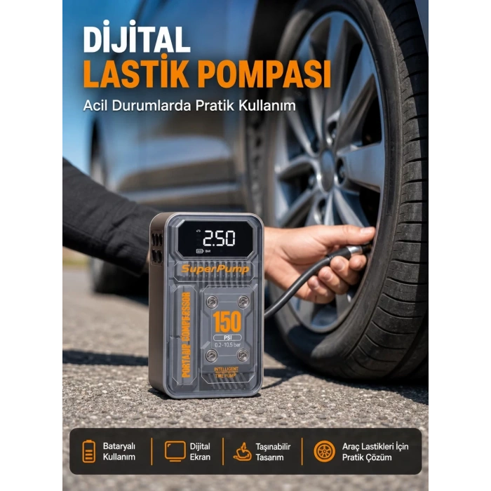 Nevamel® 150 PSI Kablosuz Dijital Ekranlı Taşınabilir Araç Lastik Pompası