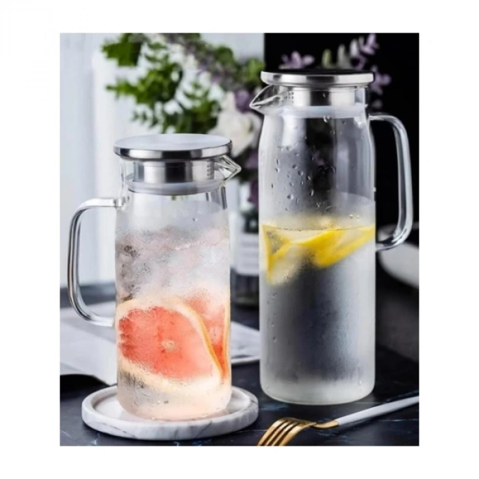 Nevamel 1500 ml Borosilikat Cam Su Sürahisi - Metal Kapaklı ve Isıya Dayanıklı