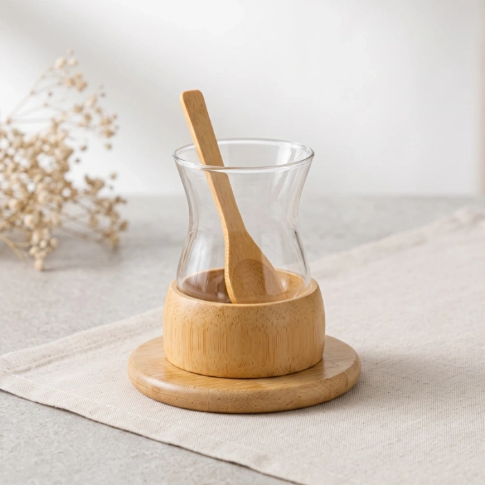 Nevamel® 18 Parça Bambu Çay Seti - 6 Çay Bardağı - Borosilikat Cam