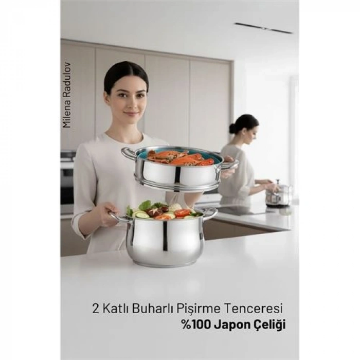 Nevamel® 2 Katlı Japon Çeliği Buharlı Pişirme Tenceresi – Sağlıklı Yemek Sanatı
