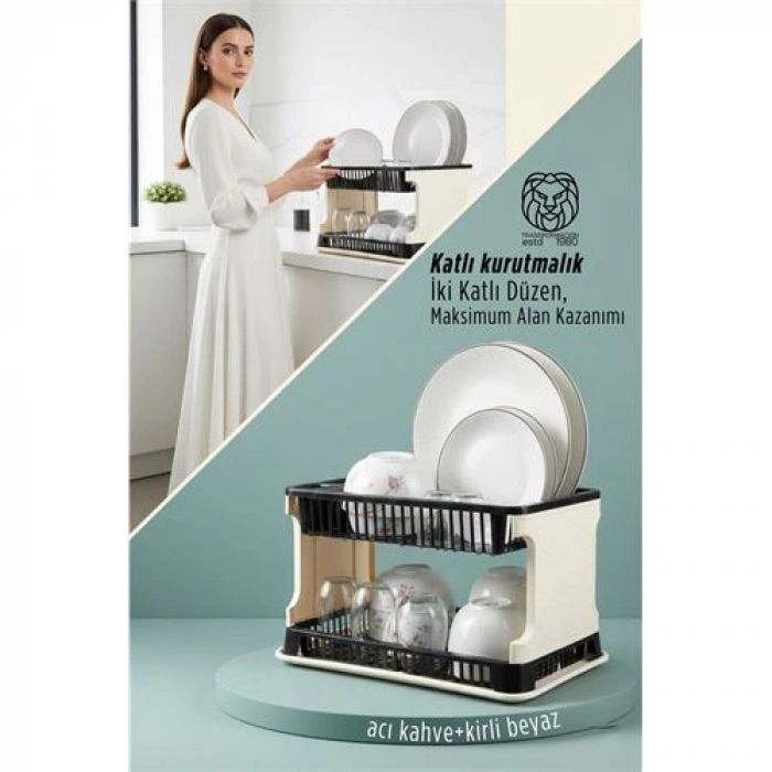 Nevamel® 2 Katlı Rattan Dokulu Lüks Bulaşıklık - Kirli Beyaz & Acı Kahve Modern Düzenleyici