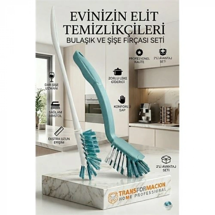 Nevamel® 2li Profesyonel Set - Biberon Şişe ve Kavanoz Fırçası ile Bulaşık Fırçası 723096