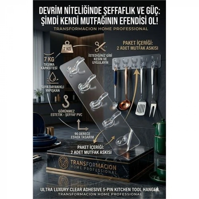 Nevamel®  2li Set Sihirli Askı 5li Şeffaf Yapışkanlı Kanca Banyo Mutfak Askılığı 723127