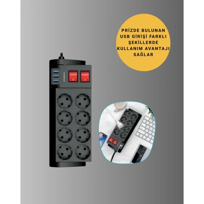 Nevamel® 2 Metre Güçlü Çoklu Priz 8 Soket Yeni Nesil