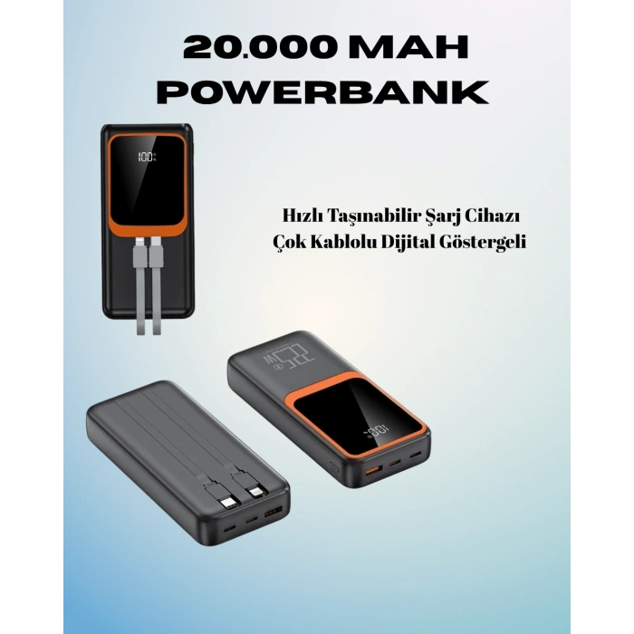 Nevamel 20000 mAh Powerbank | Çok Kablolu Dijital Göstergeli Yüksek Hızlı Şarj Cihazı
