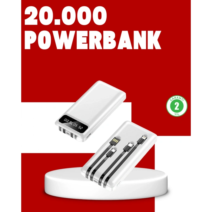 Nevamel 20.000mAh PD Powerbank LED Işık LCD Ekran Dahili Kablo Çoklu Giriş