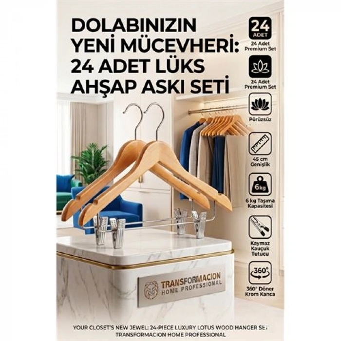 Nevamel® 24lü Ahşap Takım Elbise Askısı Seti | Kıskaçlı Pantolon Askısı Kaymaz Çentikli Ceket Askılığı 723124