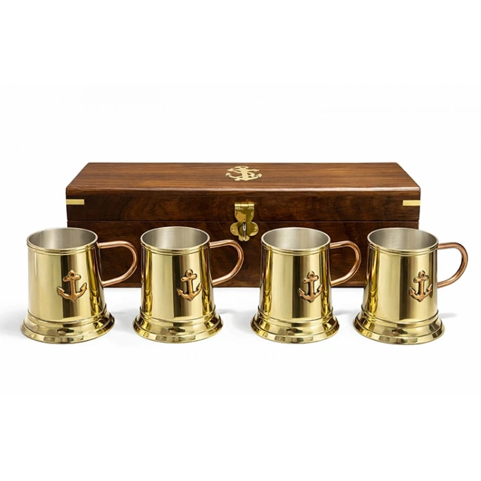 Nevamel® 29x7 cm Ahşap Kutulu 4lü Pirinç Fincan Seti