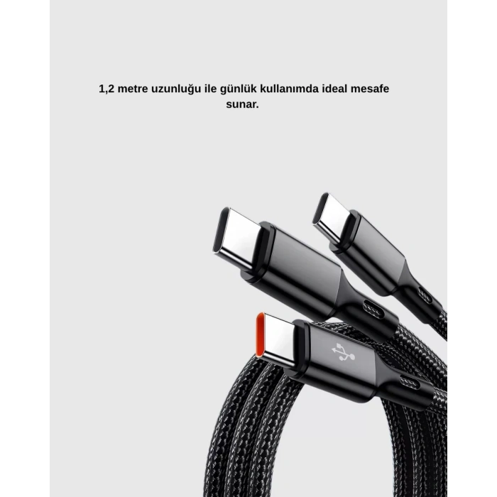 Nevamel® 3 Başlıklı Hızlı Şarj Kablosu Metal Alaşımlı Dayanıklı ve Akıllı Çipli