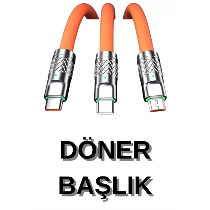 Nevamel® 3 İn 1 Süper Hızlı Şarj Kablosu Android ve İOS Uyumlu Silikon Şarj Kablosu
