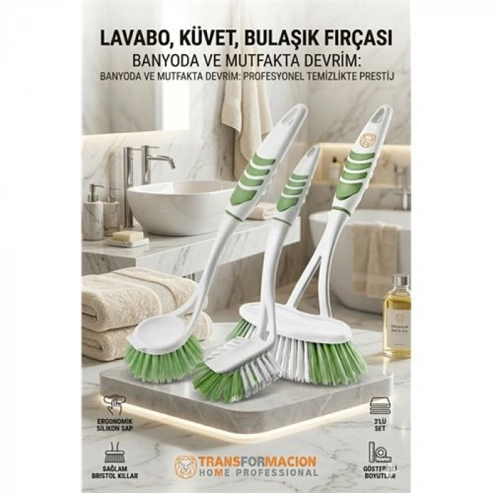 Nevamel® 3lü Profesyonel Temizlik Fırçası Seti - Ergonomik Banyo Lavabo ve Bulaşık Fırçası 723095