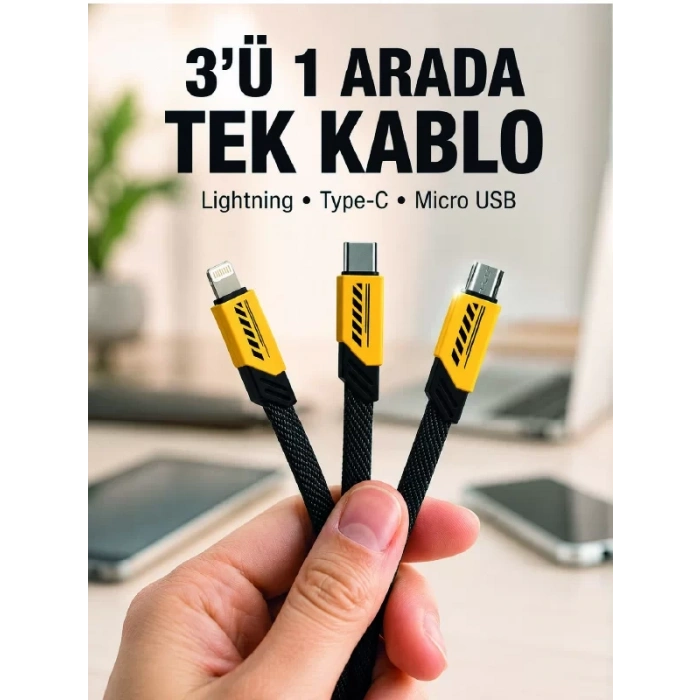 Nevamel® 3lü Şarj Kablosu Hızlı Şarj Destekli Dayanıklı Örgü USB Kablo