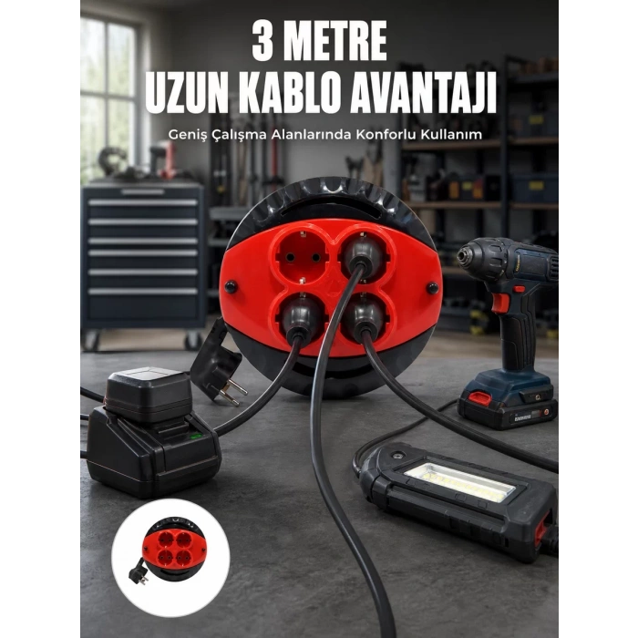 Nevamel® 3 Metre Kablolu 4’lü Kırmızı Priz Makara