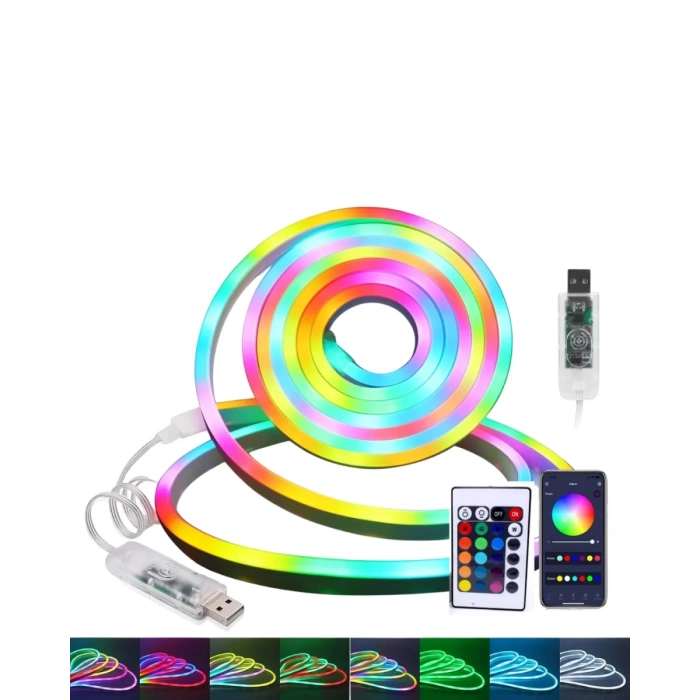 Nevamel® 3 Metre RGB Neon LED Şerit Işık Su Geçirmez Kumandalı ve Uygulama Kontrollü Dekoratif Aydınlatma