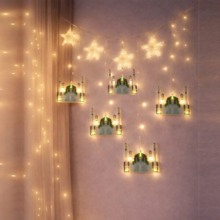 Nevamel® 3 mt Fişli Yeşil Cami Yıldız Ramazan Perde LED