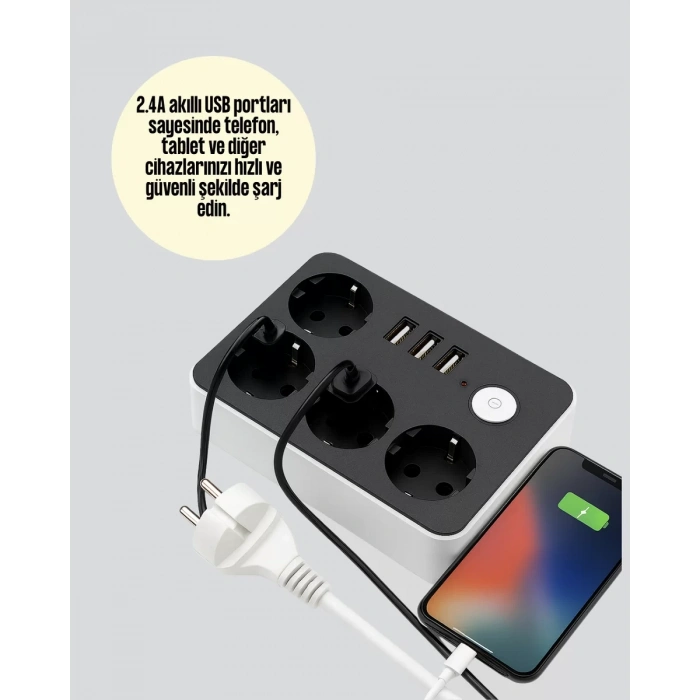Nevamel® 3 USB Çıkışlı 4’lü Akıllı Priz 2500W 2 Metre Kablo