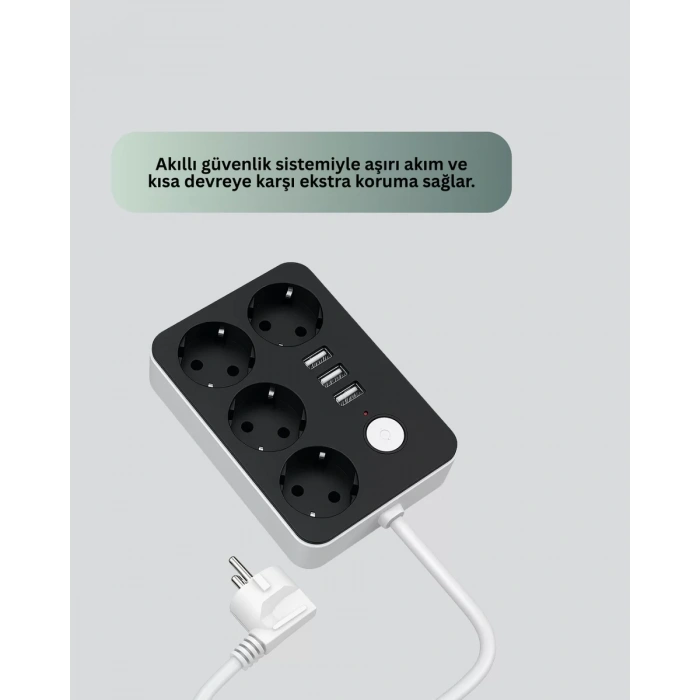 Nevamel® 3 USB Çıkışlı 4’lü Akıllı Priz 2500W 2 Metre Kablo
