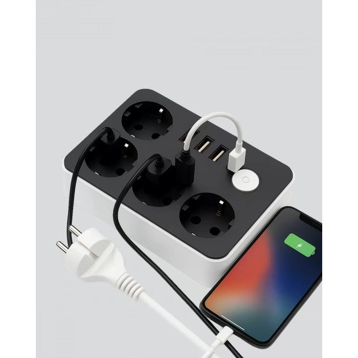 Nevamel® 3 USB Çıkışlı 4’lü Akıllı Priz 2500W 2 Metre Kablo