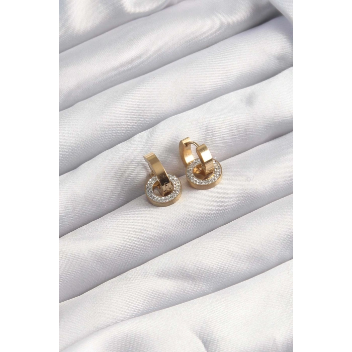 Nevamel® 316L Çelik Altın Renk Zirkon Taşlı Halka Model Küpe 5886