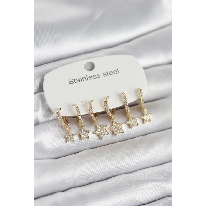 Nevamel® 316L Çelik Gold Renk 6lı Set Yıldız Model Kadın Küpe 5886