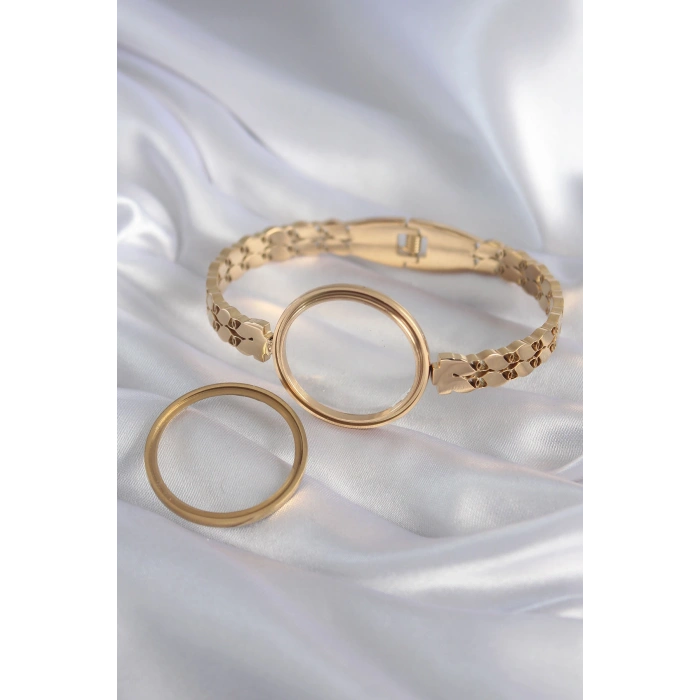 Nevamel® 316L Çelik Gold Renk Arpa İşleme Açılabilir Fanus Model Kadın Kelepçe 5886