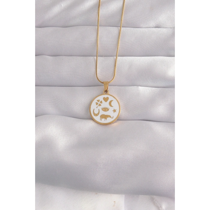 Nevamel® 316L Çelik Gold Renk Beyaz Mineli Karışık Figürlü Tarot Kolye 5886