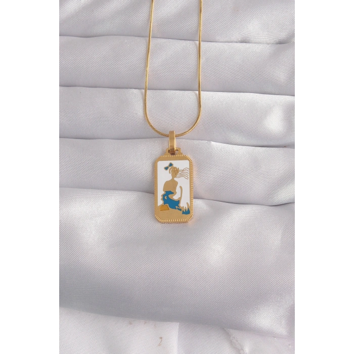 Nevamel® 316L Çelik Gold Renk Beyaz Mineli Kız Figür Tarot Kolye 5886