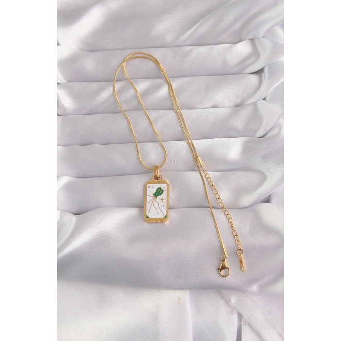 Nevamel® 316L Çelik Gold Renk Beyaz Mineli Tarot Kolye 5886
