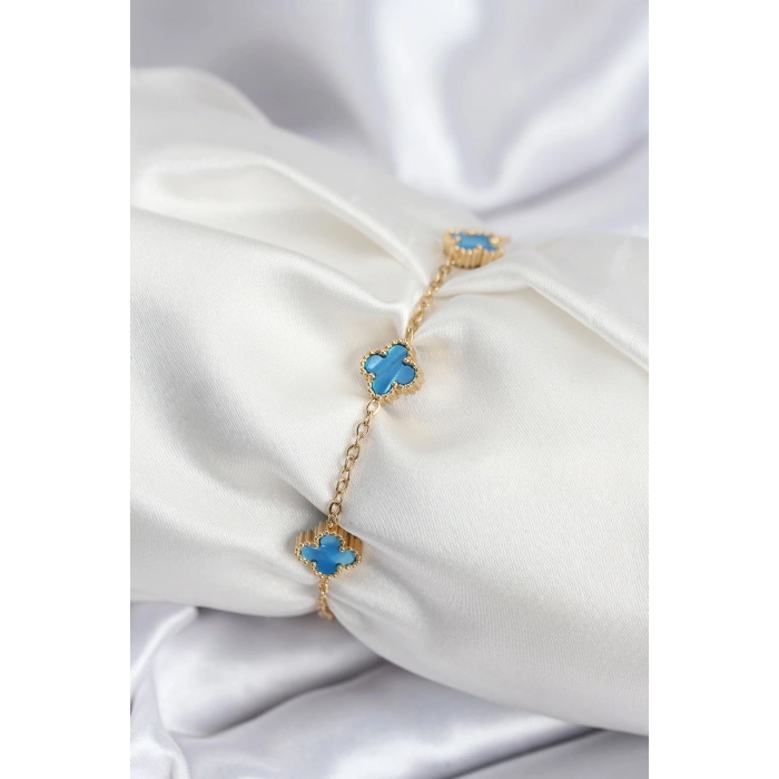 Nevamel® 316L Çelik Gold Renk Buz Mavisi Baby Boy Yonca Kadın Bileklik 5886
