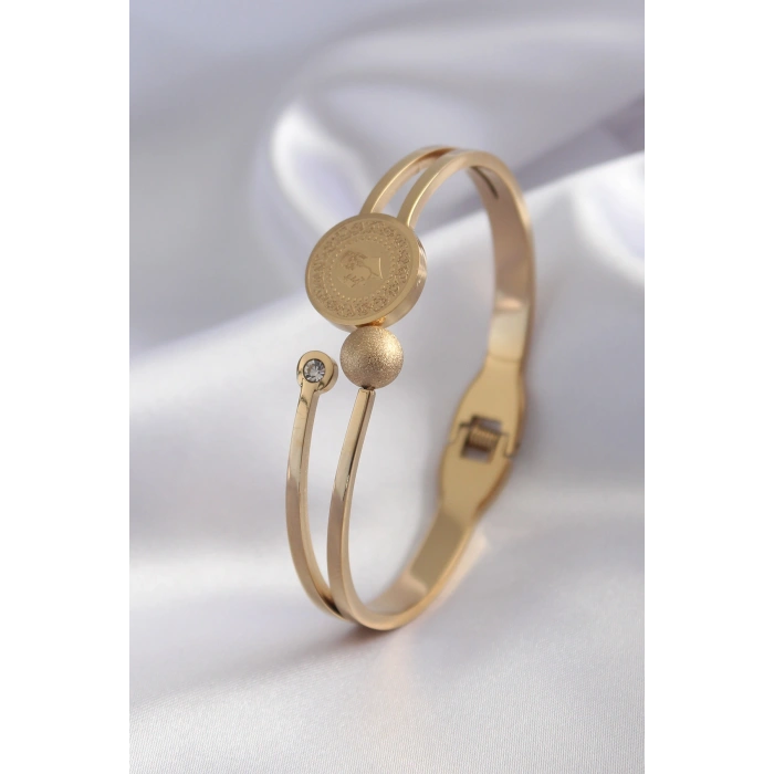 Nevamel® 316L Çelik Gold Renk Çeyrek Altın Zirkon Taş Detay Kadın Kelepçe 5886