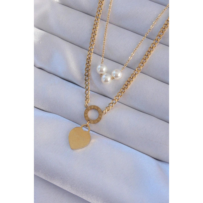 Nevamel® 316L Çelik Gold Renk Çift Zincir İnci Detayı Love Kalp Kolye 5886
