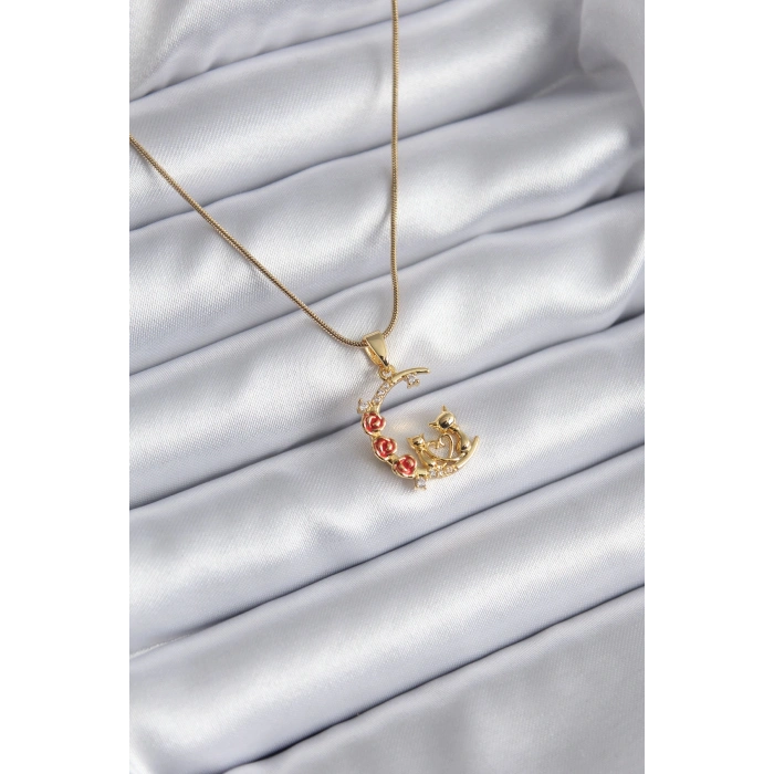 Nevamel® 316L Çelik Gold Renk Hilal Kedi Model Zirkon Taşlı Detay Kadın Kolye 5886