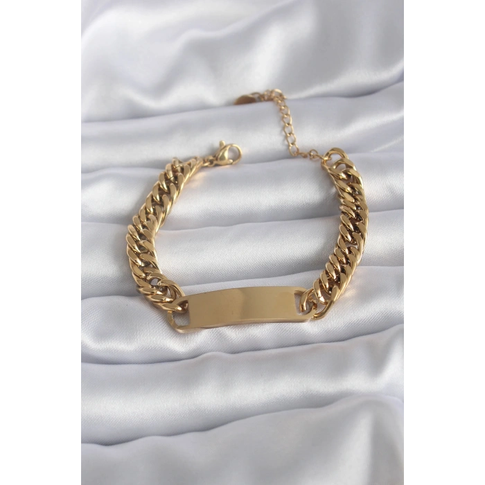 Nevamel® 316L Çelik Gold Renk İsim Yazılabilir Plaka Model Kadın Bileklik 5886