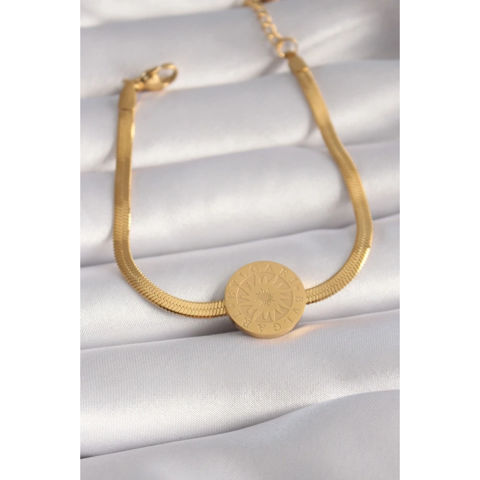 Nevamel® 316L Çelik Gold Renk İtalyan Zincir Model İşlemeli Madalyon Figür Kadın Bileklik 5886