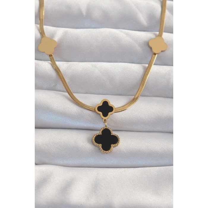 Nevamel® 316L Çelik Gold Renk İtalyan Zincirli Mineli Yonca Kolye 5886