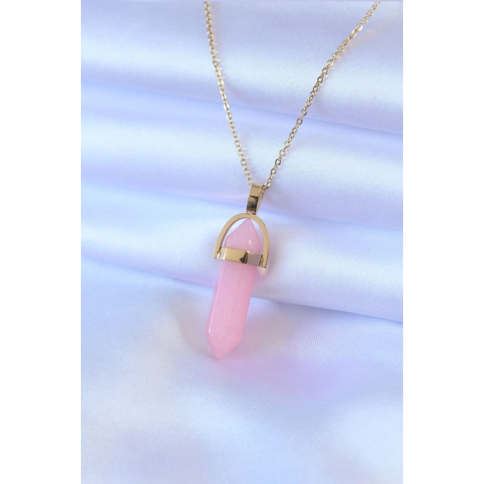 Nevamel® 316L Çelik Gold Renk Kristal Pembe Taş Model Kadın kolye 5886