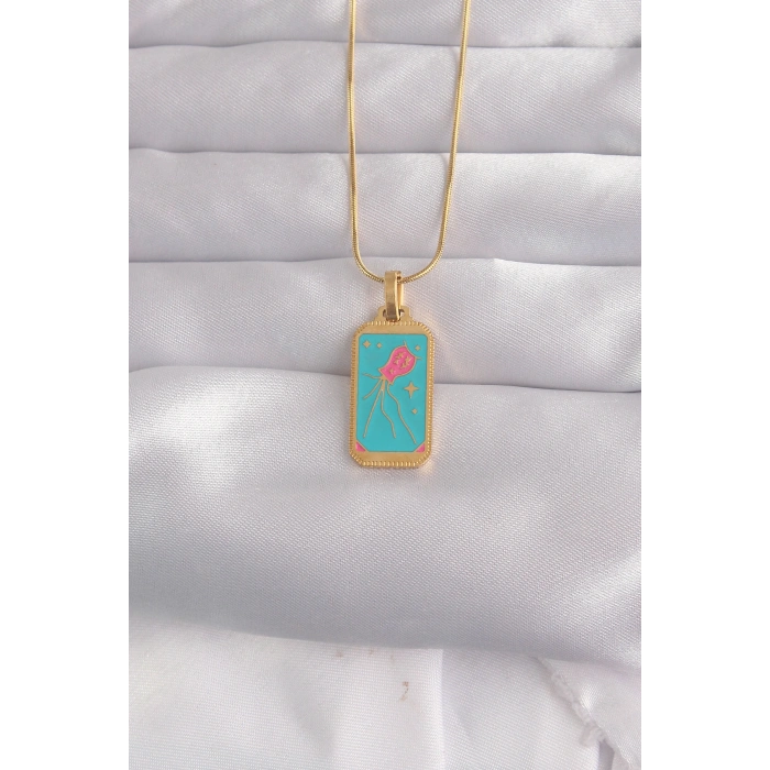 Nevamel® 316L Çelik Gold Renk Mavi Mineli Tarot Kolye 5886