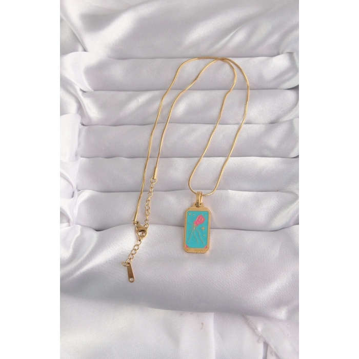 Nevamel® 316L Çelik Gold Renk Mavi Mineli Tarot Kolye 5886