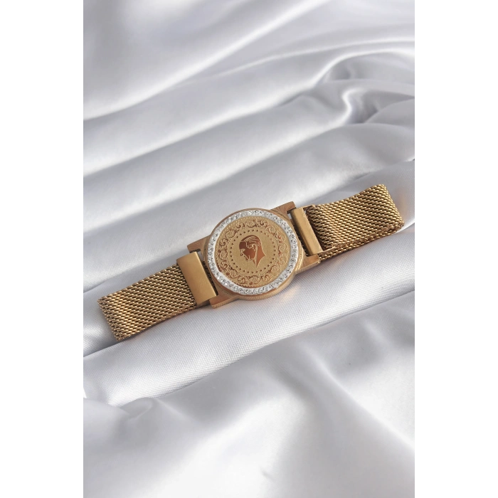 Nevamel® 316L Çelik Gold Renk Mıknatıslı Hasır Zirkon Taşlı Çeyrek Altın Model Kadın Bileklik 5886