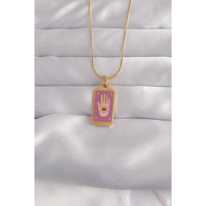 Nevamel® 316L Çelik Gold Renk Mor Mineli El Figür Tarot Kolye 5886