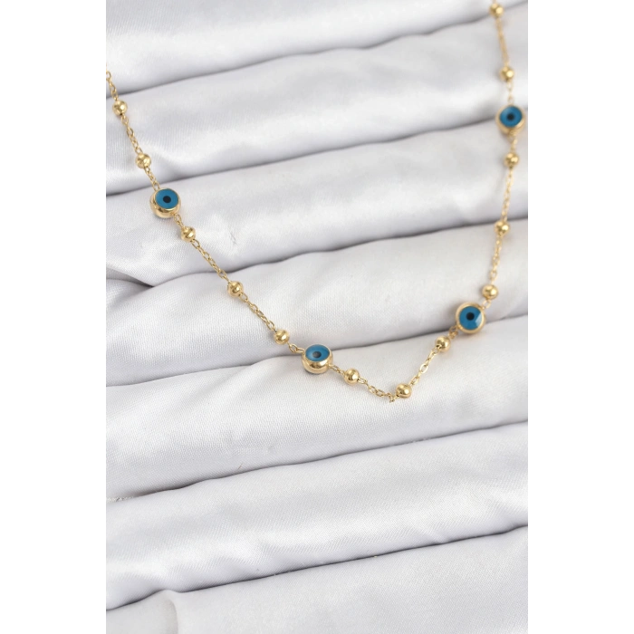 Nevamel® 316L Çelik Gold Renk Nazarlı ve Topçuklu Model Kadın Kolye 5886