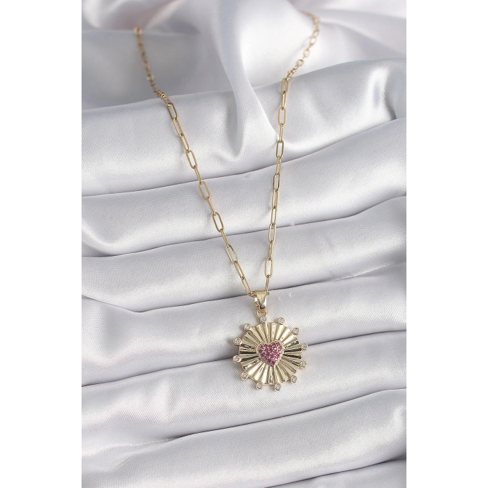 Nevamel® 316L Çelik Gold Renk Pembe Zirkon Taşlı Kalp İşleme Madalyon Model Kadın Kolye 5886