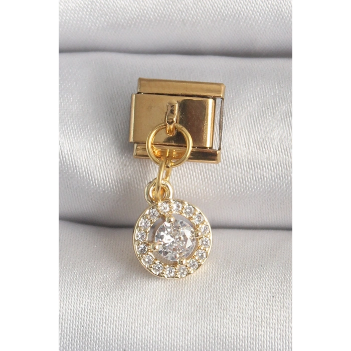 Nevamel® 316L Çelik Gold Renk Sallantı Daire Zirkon Taşlı Nomination Charm 5886