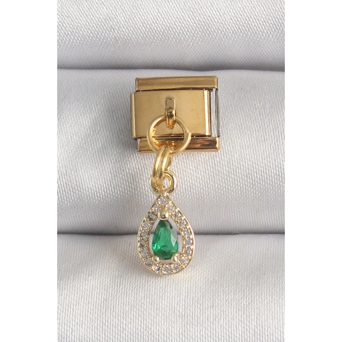 Nevamel® 316L Çelik Gold Renk Sallantı Damla Yeşil Zirkon Taşlı Nomination Charm 5886