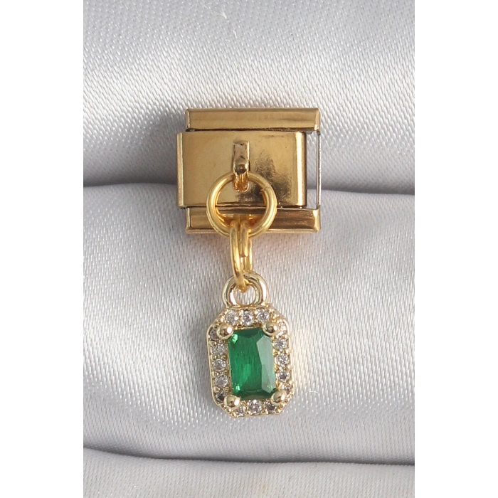 Nevamel® 316L Çelik Gold Renk Sallantı Kare Yeşil Zirkon Taşlı Nomination Charm 5886